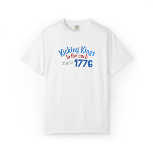 White t-shirt with colorful text on a white background