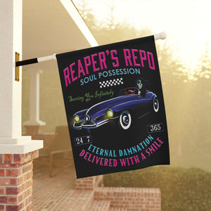Garden flag with 'Grim Reapers Car Repo Halloween' design