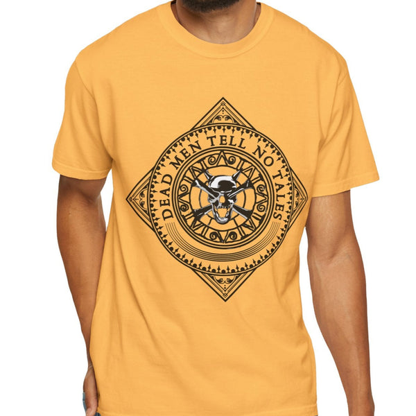 Man wearing a mustard yellow t-shirt with  text Dead Men Tell No Tales  and a black skull graphic design on a white background