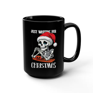 mug with 'Just Waiting For Christmas Funny Halloween' graphic on a white background