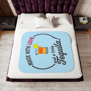 soft sherpa blanket with 'Made with Love Blue' design