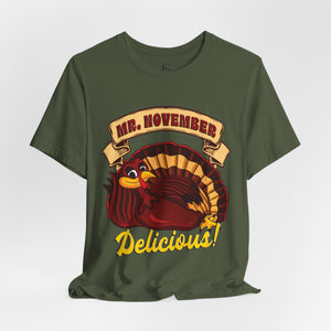 Dark gray t-shirt with 'Mr. November Turkey Funny Thanksgiving' design on a white background
