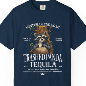 Navy blue t-shirt with a raccoon graphic and text on a white background