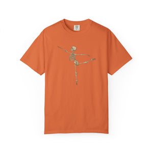 A maroon short-sleeve crewneck t-shirt with a ballerina skeleton design on a white background