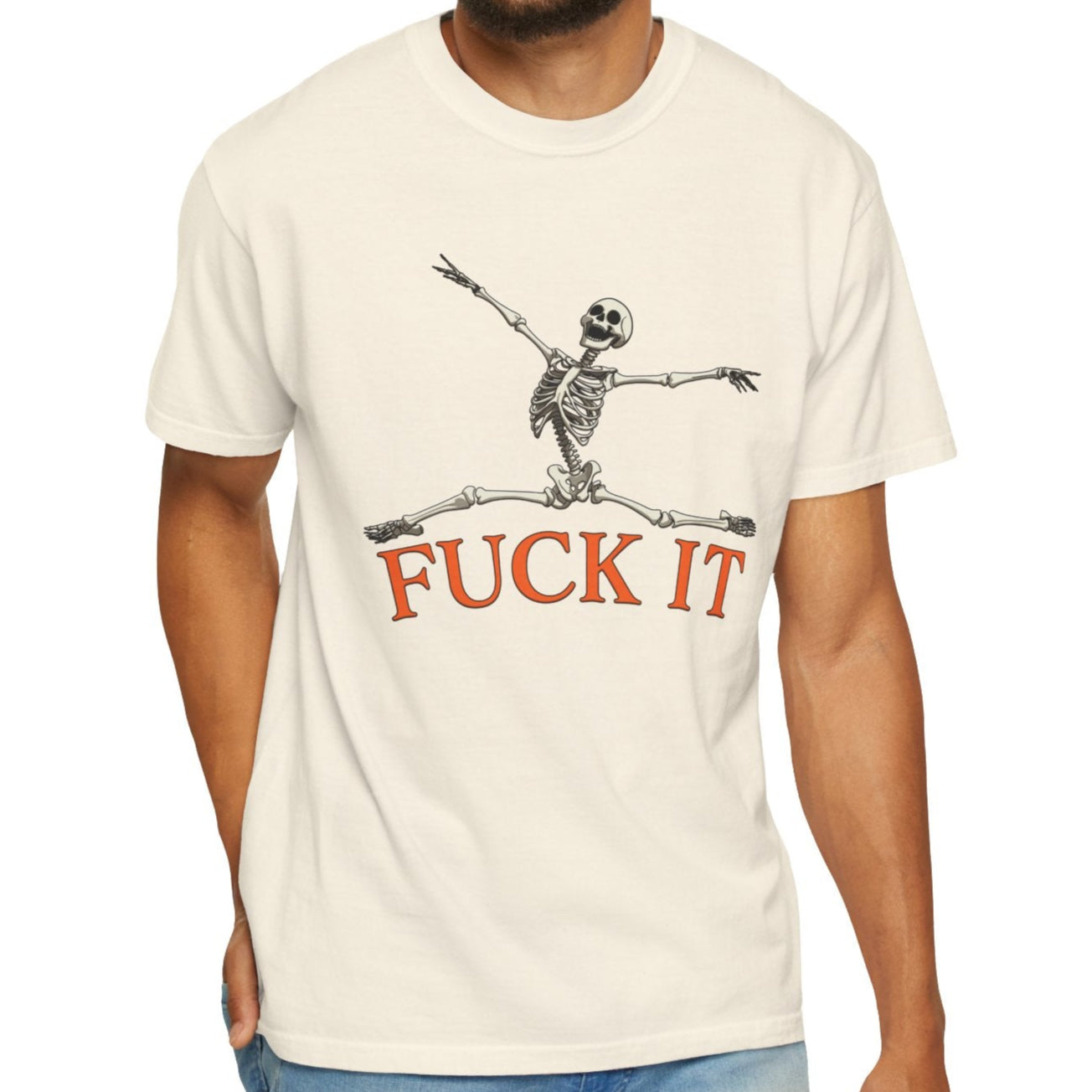 Man wearing a white t-shirt with a graphic design and text on a white background