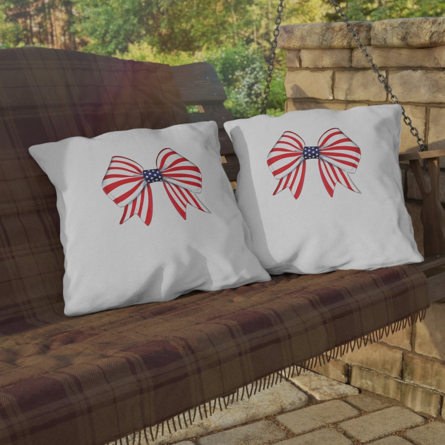 American Flag Bow Indoor Outdoor July 4th Throw Pillow