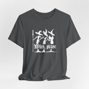 Dark grey t-shirt with witch graphic and 'Witch Please' text on a white background