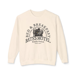Espresso sweatshirt with 'Bates Motel Halloween Fall' design on a plain background