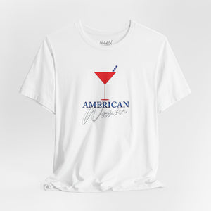 Gold t-shirt with 'American Woman Patriotic Martini July 4th' design on a white background