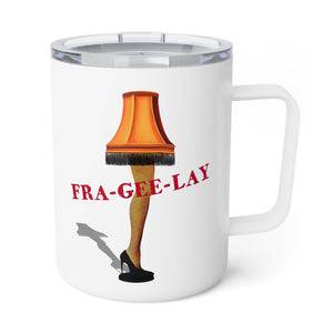 mug with 'Leg Lamp Christmas Story Insulated Travel 10oz' graphic on a white background