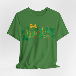 Charity pink t-shirt with 'Get Lucky Funny St. Patrick's Party' design on a white background