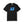 Black t-shirt with blue and red text on a white background
