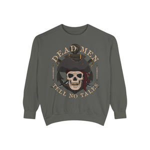 Flo blue sweatshirt with 'Dead Men Tell No Tales Pirate Skull' design on a plain background