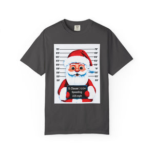 Gray t-shirt with a graphic of Santa Claus in a mugshot style design on a white background