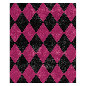 Harlequin pattern with black and pink diamonds on a white background