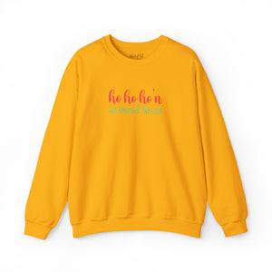 Yellow sweatshirt that reads ho ho ho'n around town in red and green text.
