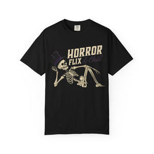 Pink t-shirt with 'Horror Flix & Chill Skeleton Halloween' design on a white background