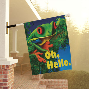 Garden flag with 'Oh Hello Frog Funny' design