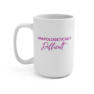 A white ceramic mug with a handle on the left, featuring the printed text 'UNAPOLOGETICALLY Difficult' in purple on the front, set against a plain white background.