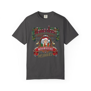 Gray t-shirt with 'Christmas Moonshine Distillery' graphic design on a white background