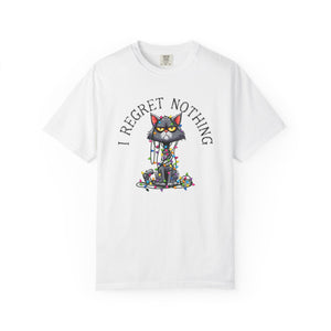White t-shirt with a cartoon cat tangled in Christmas lights with text at the top that says I Regret Nothing