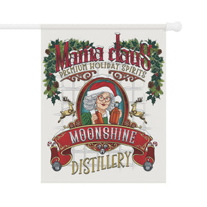 Yard Flag for Mama Claus Moonshine Distillery with a vintage-style design featuring a woman and decorative elements.