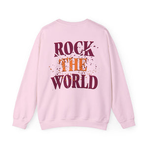 The back of a pink sweatshirt that says Rock the World on a white background.