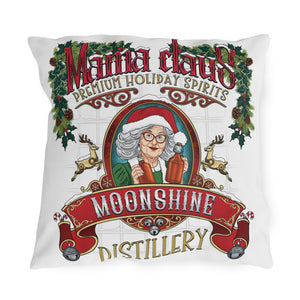 A square white throw pillow featuring a detailed Christmas-themed graphic print. The design mimics a vintage moonshine distillery label with the text 'Mama claus Premium Holiday Spirits' and 'Moonshine Distillery'.