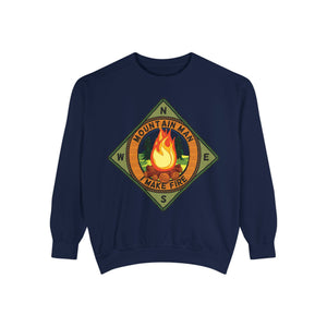 Yellow sweatshirt with 'Mountain Man Men's Funny Camping' design on a plain background