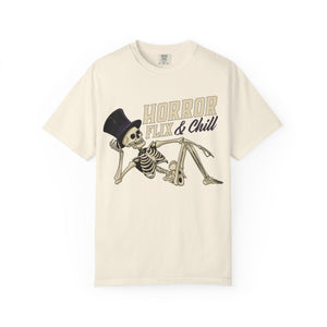 Blue spruce t-shirt with 'Horror Flix & Chill Skeleton Halloween' design on a white background
