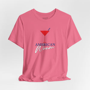 Black t-shirt with 'American Woman Patriotic Martini July 4th' design on a white background