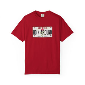 Red t-shirt with a humorous holiday license plate design on a white background 