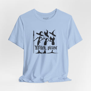 Light blue t-shirt with witch graphic and 'Witch Please' text on a white background