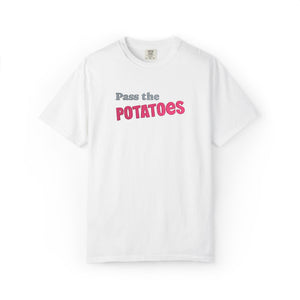 white t-shirt with embroidered text that says Pass the Potatoes 