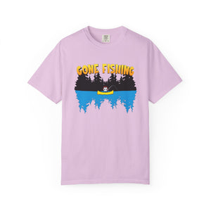 Pink t-shirt with 'Gone Fishing' graphic on a white background
