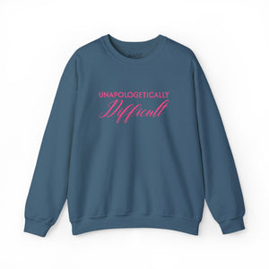blue sweatshirt with embroidered pink text 'unapologetically difficult'