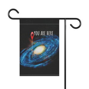 Garden flag with 'You Are Here Earth Space Lovers Funny' design