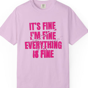 Pink t-shirt with pink text on a white background