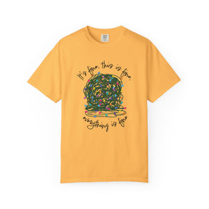yellow t-shirt with a graphic of a tangled ball of lights with text It's fine, this is fine, everything is fine.