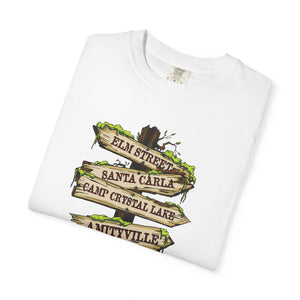 Pink t-shirt with 'Horror Road Sign Halloween' design on a white background