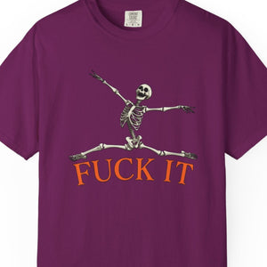 Purple t-shirt with a skeleton graphic and 'FUCK IT' text on a white background