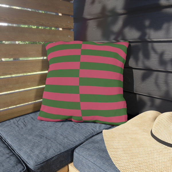 Pink and Green Striped Indoor Outdoor Throw Pillow