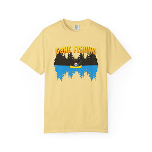 Yellow t-shirt with 'Gone Fishing' graphic design on a white background