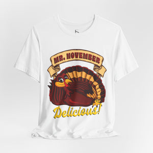 Aqua t-shirt with 'Mr. November Turkey Funny Thanksgiving' design on a white background