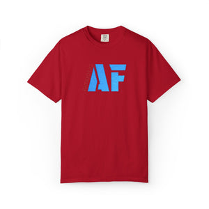 Red t-shirt with blue 'AF' print on a white background