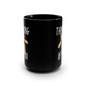 mug with 'Thinking of You Voodoo Doll Funny' graphic on a white background