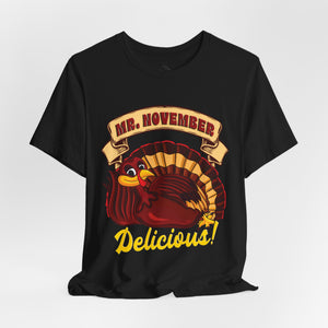 Maroon t-shirt with 'Mr. November Turkey Funny Thanksgiving' design on a white background