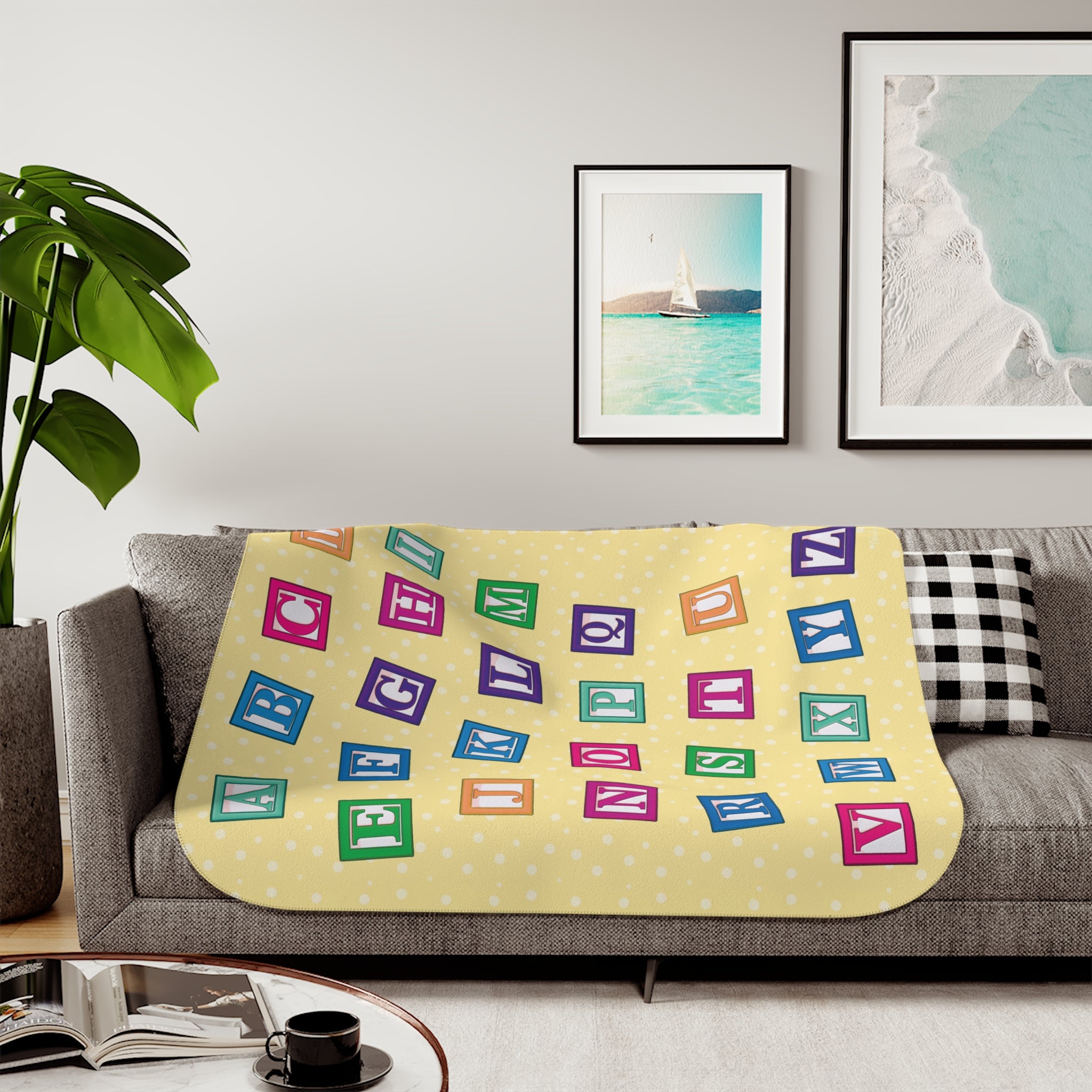 Colorful Alphabet Blocks Soft Yellow Sherpa Baby Blanket