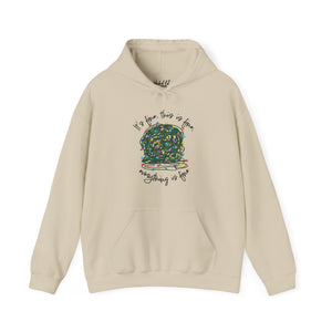 Tan sweatshirt hoodie with a graphic of a ball of tangled Christmas lights and text that says 'It's fine, this is fine, everything is fine'.