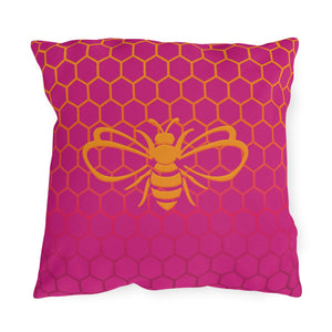 throw pillow with 'Honeycomb Bee Reversible Pink & Orange' design